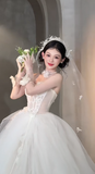 Pretty A Line Strapless Tulle Applique With Veil Long Wedding Dresses HZ1024