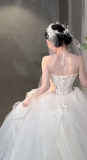 Pretty A Line Strapless Tulle Applique With Veil Long Wedding Dresses HZ1024