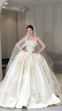 Dreamy Ball Gown Strapless Satin Applique With Veil Long Wedding Dresses HZ1024