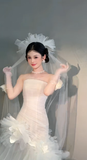Unique Mermaid Strapless Tulle With Veil Gloves Long Wedding Dresses HZ1024