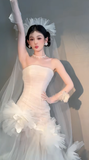 Unique Mermaid Strapless Tulle With Veil Gloves Long Wedding Dresses HZ1024