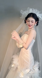Unique Mermaid Strapless Tulle With Veil Gloves Long Wedding Dresses HZ1024