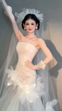 Unique Mermaid Strapless Tulle With Veil Gloves Long Wedding Dresses HZ1024