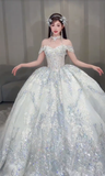 Gorgeous Ball Gown Off The Shoulder Tulle Sequin Long Wedding Dresses HZ1024