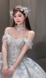 Gorgeous Ball Gown Off The Shoulder Tulle Sequin Long Wedding Dresses HZ1024