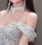 Gorgeous Ball Gown Off The Shoulder Tulle Sequin Long Wedding Dresses HZ1024