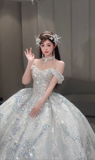 Gorgeous Ball Gown Off The Shoulder Tulle Sequin Long Wedding Dresses HZ1024