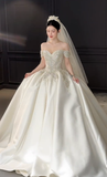 Elegant Ball Gown Off The Shoulder Satin Beaded With Veil Long Wedding Dresses HZ1024