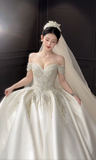 Elegant Ball Gown Off The Shoulder Satin Beaded With Veil Long Wedding Dresses HZ1024