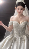 Elegant Ball Gown Off The Shoulder Satin Beaded With Veil Long Wedding Dresses HZ1024