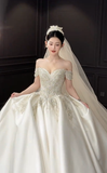 Elegant Ball Gown Off The Shoulder Satin Beaded With Veil Long Wedding Dresses HZ1024