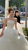 Pretty Ball Gown Strapless Tulle Applique Long Wedding Dresses HZ1024