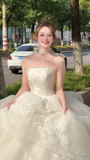 Pretty Ball Gown Strapless Tulle Applique Long Wedding Dresses HZ1024