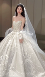Gorgeous Ball Gown Strapless Tulle Sequin Beaded With Veil Gloves Long Wedding Dresses HZ1024