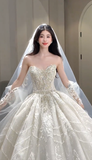 Gorgeous Ball Gown Strapless Tulle Sequin Beaded With Veil Gloves Long Wedding Dresses HZ1024