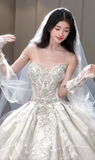 Gorgeous Ball Gown Strapless Tulle Sequin Beaded With Veil Gloves Long Wedding Dresses HZ1024