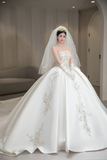 Dreamy Ball Gown Strapless Satin Applique With Veil Gloves Long Wedding Dresses HZ1024