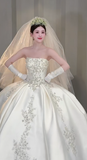 Dreamy Ball Gown Strapless Satin Applique With Veil Gloves Long Wedding Dresses HZ1024