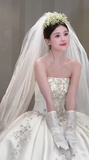 Dreamy Ball Gown Strapless Satin Applique With Veil Gloves Long Wedding Dresses HZ1024