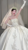 Dreamy Ball Gown Strapless Satin Applique With Veil Gloves Long Wedding Dresses HZ1024