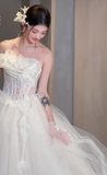 Elegant Ball Gown Strapless Tulle Applique Long Wedding Dresses HZ1024