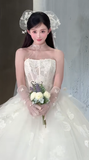 Dreamy Ball Gown Strapless Tulle Applique With Veil Long Wedding Dresses HZ1024
