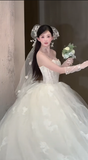 Dreamy Ball Gown Strapless Tulle Applique With Veil Long Wedding Dresses HZ1024
