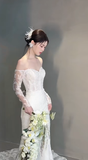 Elegant Mermaid Off The Shoulder Lace Long Sleeves Long Wedding Dresses HZ1024