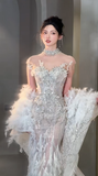 Stunning Mermaid Strapless Tulle Sequin With Cape Long Wedding Dresses HZ1024