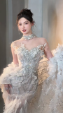 Stunning Mermaid Strapless Tulle Sequin With Cape Long Wedding Dresses HZ1024