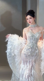 Stunning Mermaid Strapless Tulle Sequin With Cape Long Wedding Dresses HZ1024