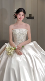 Pretty Ball Gown Strapless Satin Beaded Long Wedding Dresses HZ1024