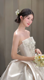 Pretty Ball Gown Strapless Satin Beaded Long Wedding Dresses HZ1024