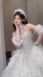 Unique Ball Gown Halter Tulle Sequin Beaded Long Wedding Dresses HZ1024