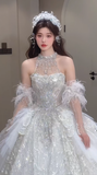 Unique Ball Gown Halter Tulle Sequin Beaded Long Wedding Dresses HZ1024