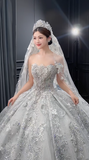 Dreamy Ball Gown Strapless Tulle Sequin Beaded With Veil Long Wedding Dresses HZ1024