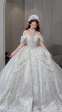 Gorgeous Ball Gown Off The Shoulder Tulle Sequin Beaded Long Wedding Dresses HZ1024