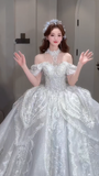 Gorgeous Ball Gown Off The Shoulder Tulle Sequin Beaded Long Wedding Dresses HZ1024