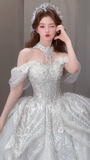 Gorgeous Ball Gown Off The Shoulder Tulle Sequin Beaded Long Wedding Dresses HZ1024