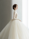 Unique Ball Gown Tulle Lace Long Sleeves Long Wedding Dresses HZ1024