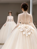Unique Ball Gown Tulle Lace Long Sleeves Long Wedding Dresses HZ1024