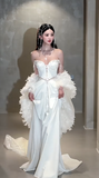 Vintage Mermaid Off The Shoulder Satin Beaded Long Wedding Dresses HZ1024