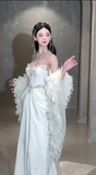 Vintage Mermaid Off The Shoulder Satin Beaded Long Wedding Dresses HZ1024