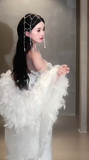 Vintage Mermaid Off The Shoulder Satin Beaded Long Wedding Dresses HZ1024
