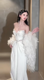 Vintage Mermaid Off The Shoulder Satin Beaded Long Wedding Dresses HZ1024
