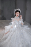 Timeless Ball Gown Satin Tulle Sequin Beaded Long Sleeves Long Wedding Dresses HZ1024