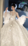 Gorgeous Ball Gown Halter Tulle Sequin Beaded Long Wedding Dresses HZ1024