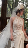 Vintage Mermaid Halter Satin Lace With Veil Long Wedding Dresses HZ1024