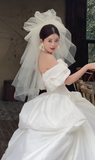 Elegant Ball Gown Off The Shoulder Satin With Veil Long Wedding Dresses HZ1024