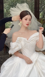 Elegant Ball Gown Off The Shoulder Satin With Veil Long Wedding Dresses HZ1024